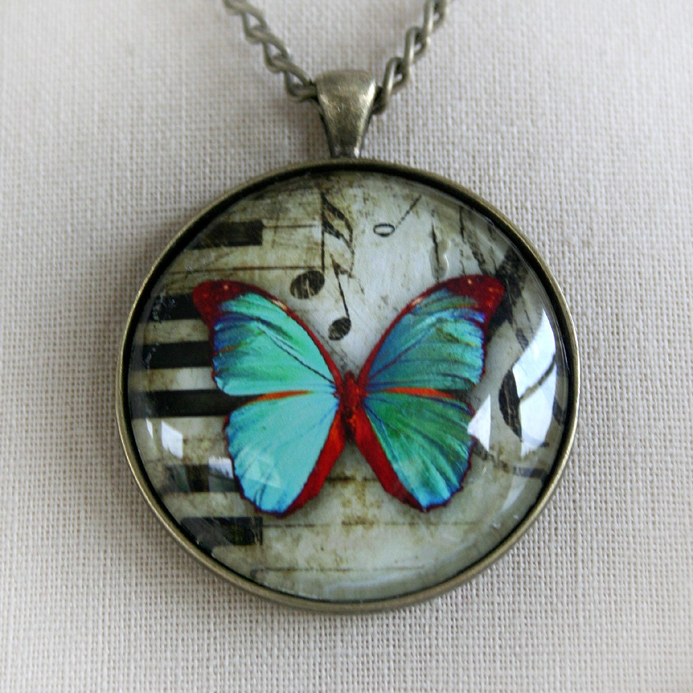 BUTTERFLY SYMPHONY inspirational butterfly and music LARGE art glass pendant on 18" chain, gift boxed