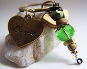 Kelly Green iridescent Beaded Antique Bronze Wingnut "Love" Heart Angel Charm Keychain