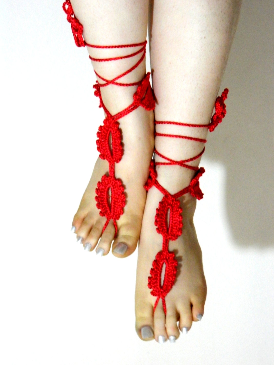 Crochet barefoot sandals Red sandals, foot decoration  flower sandals,wedding lace sexy yoga anklet beach pool, Bellydance