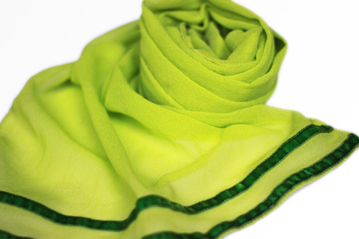 Bright Lime Green Georgette scarf - Available with Frill Lace or with Velvet Ribbon Edge
