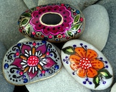 Rock Garden Series Boho / 3 Painted Rocks / Sandi Pike Foundas /Cape Cod Sea Stones