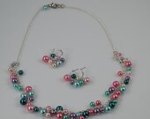 multicolored glass pearl set of necklace and hoop earrings handmade colorful pastel jewelry elegant chic wedding pearls