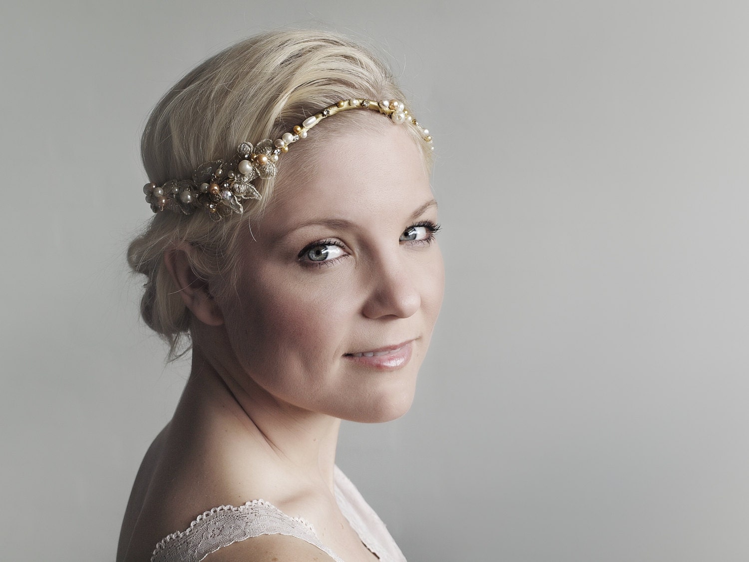 Halo Bridal Headband - Golden Lace and Pearl Wedding Hair Accessory - Lady Elaine 1920s Vintage Inspired Bohemian Style