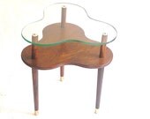 Mid Century Cloverleaf Tiered Side Table TREFOIL Table Wood and Glass