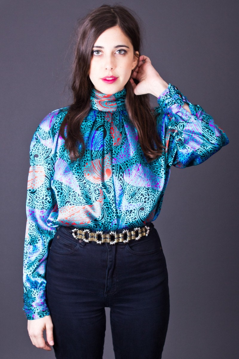 80s Vintage Jewel Tone Psychedelic Paisley Print Blouse