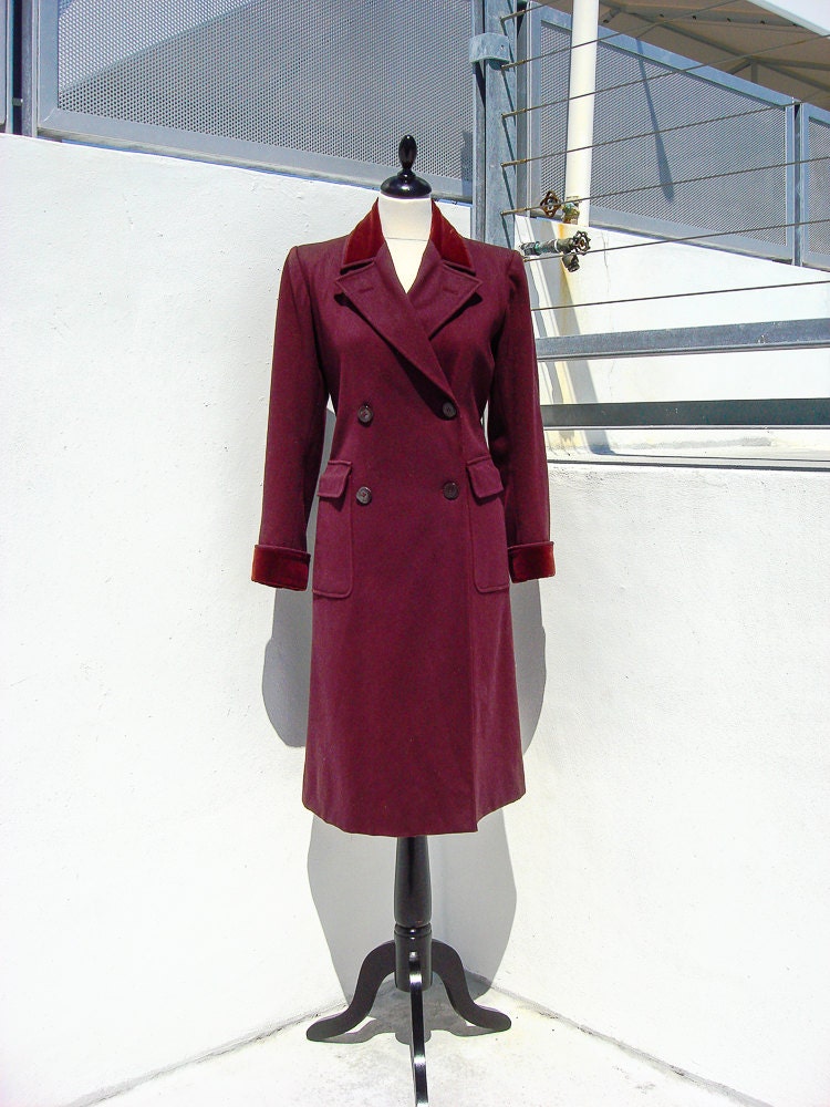 Vintage 1980s Yves Saint Laurent Paris wool and velvet eggplant coat size 38
