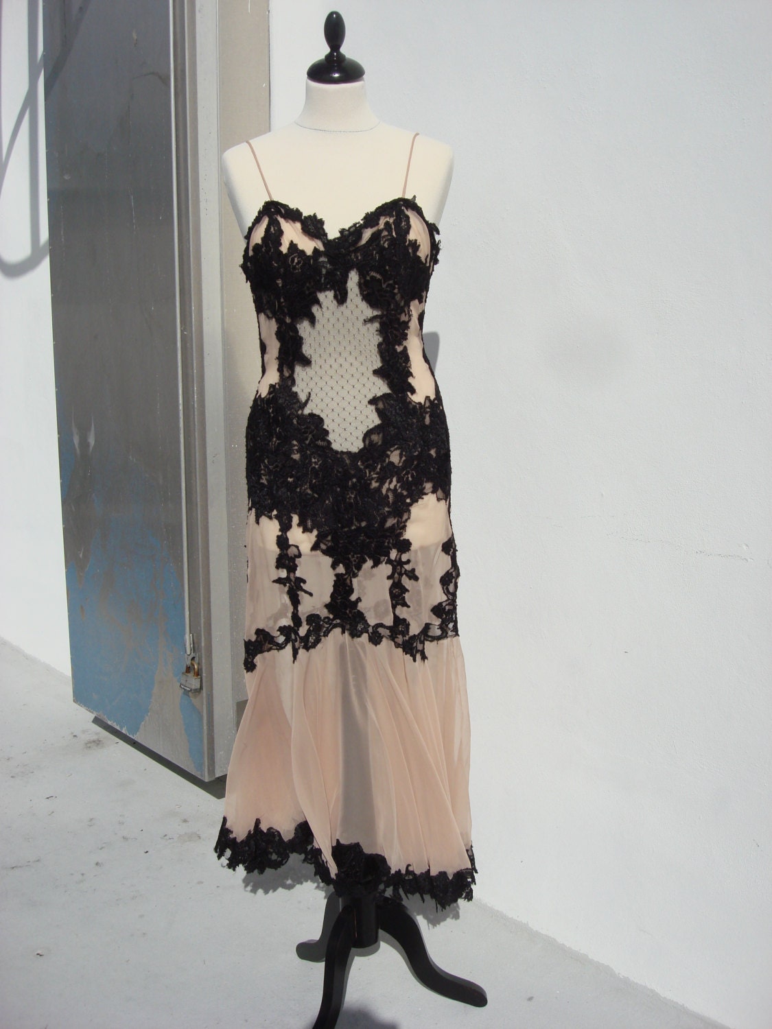 Vintage evening gown,black lace and skin color fabric.Couture