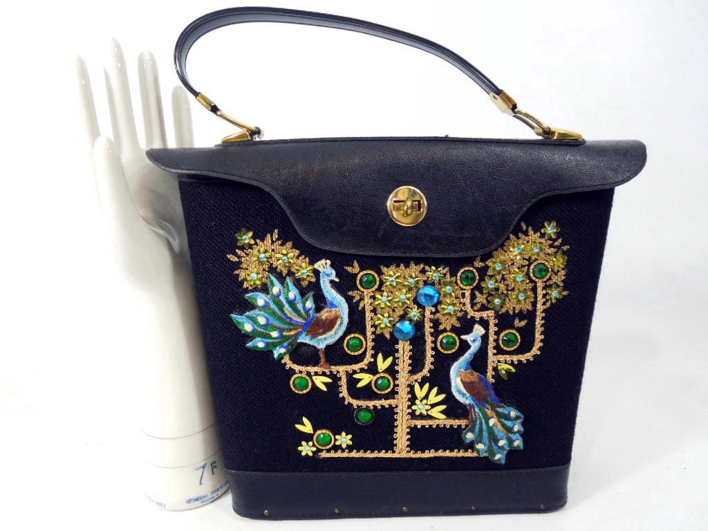 60s or 70s Peacock Tote Embellished Handbag - BeeDeeVintage