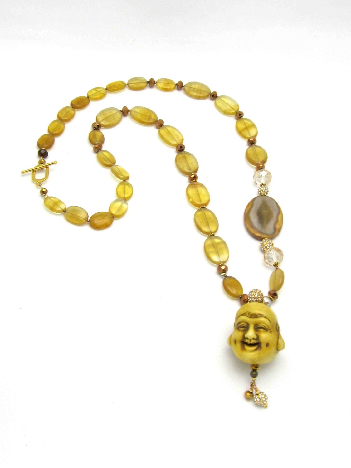 BUDDHA Necklace with Yellow Oval FLOURITE and Brown Yellow Agate