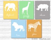 Nursery Art, Jungle Safari Nursery Decor, Pick 3, Elephant, Giraffe, Lion, Zebra, Rhino, Childrens Art