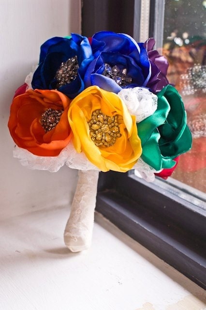 Rainbow bridal bouquet, Alternative wedding bouquet, Fabric flower bouquet, Brooch bouquet