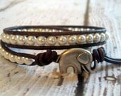Double Wrap Swarovski Pearl Bracelet, Double Leather Wrap, Shabby Chic