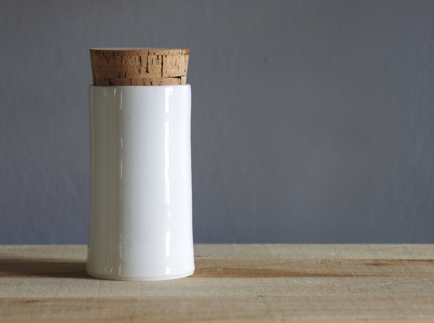 MTO tall narrow canister. white porcelain pottery corked jar. modern minimal pottery ceramic