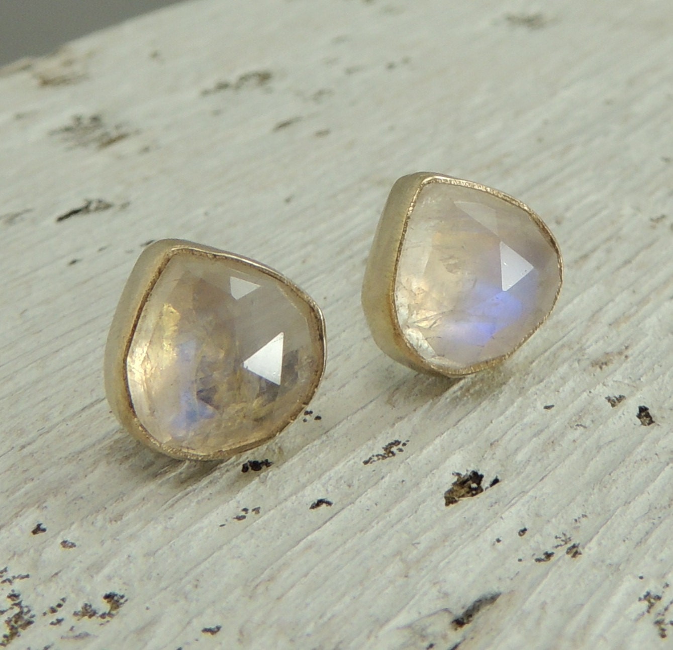 Moonstone Stud Earrings, 14k gold, Rose Cut Moonstone, Teardrop,Pear, Rainbow Moonstone Post Earrings,Recycled Gold, Eco Friendly