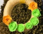 Yellow Spring Yarn Wreath with Bright Green Flowers - Handmade Easter Wreath - 10" Wreath