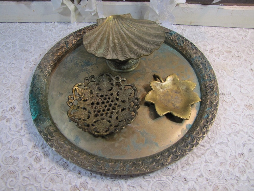 Vintage Patina Brass Serving Dishes Rustic Wedding Farmhouse Chic