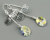 Silver Dragonfly Earrings, Aurora Borealis Earrings, Everyday Earrings, Swarovski Crystal Drop Earrings, Sterling Silver Dangle Earrings