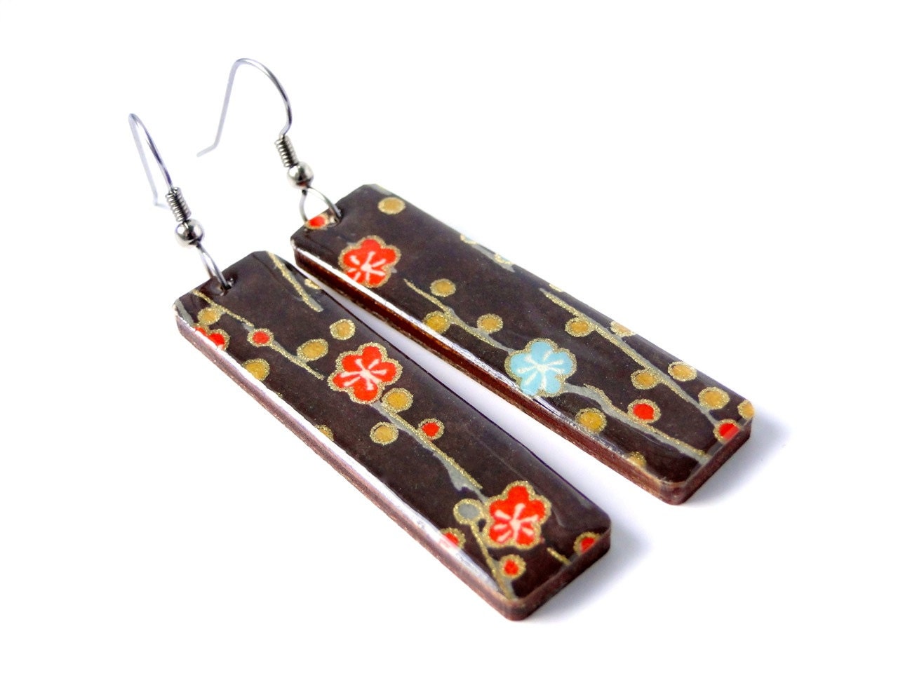 Chocolate Brown Earrings, Cherry Blossoms EArrings, Long Earrings, Japanese Chiyogami, Laser Cut Birch, Lightweight, Gift Under 20