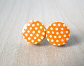 Orange Stud Earrings, White Polka dots earrings, Citrus Orange, Gift under 10, For Her, Birthday, Bridesmaids,