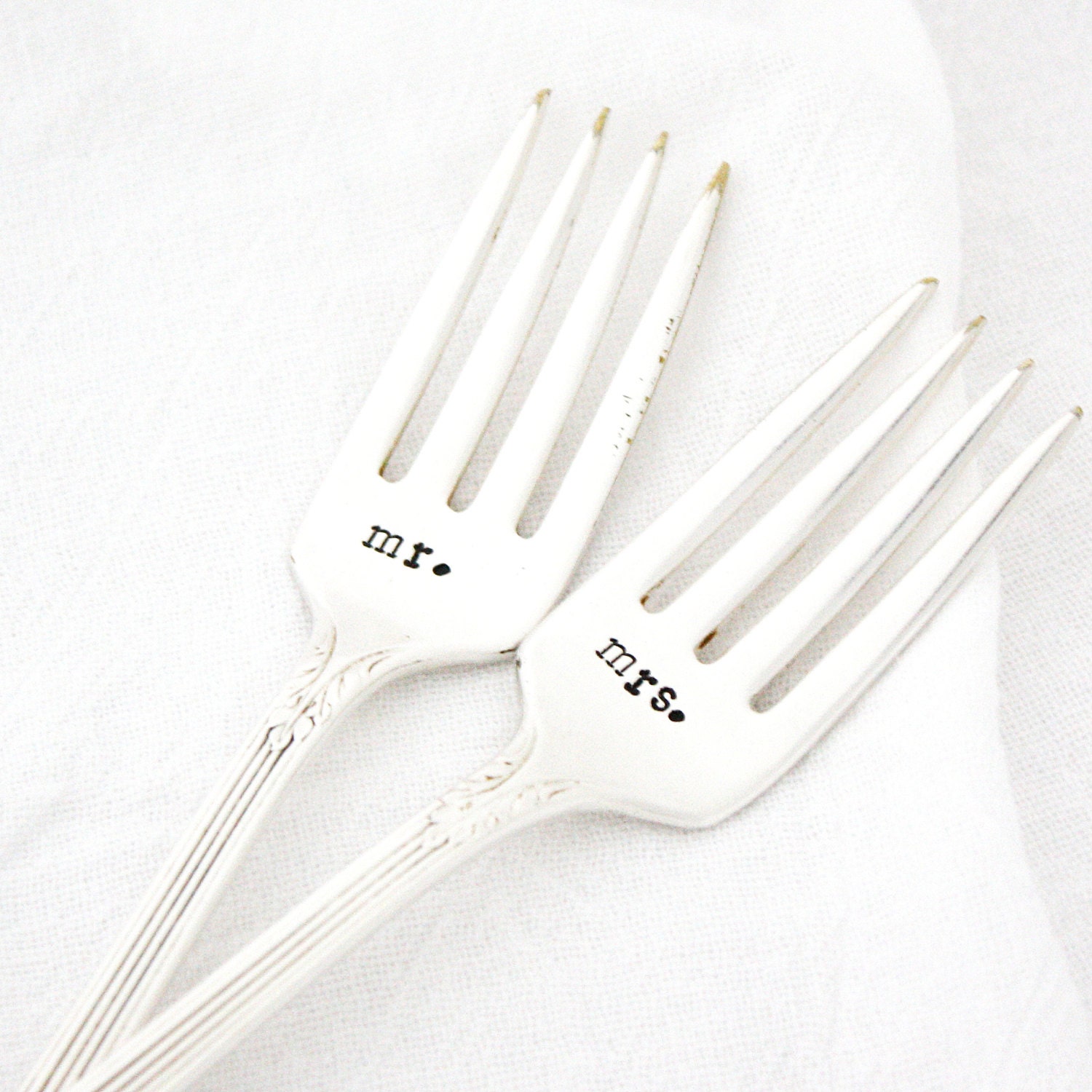 Mr and Mrs wedding table setting- handstamped rustic silver forks for winter wedding gift or engagement gift.