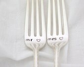 Mr and Mrs wedding forks- hand stamped silverware. unique engagement gift. As featured by Martha Stewart Weddings.