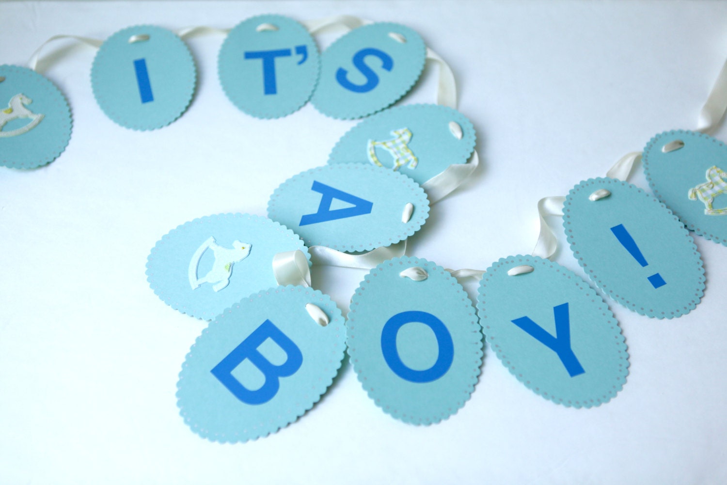 blue 'it's a boy' garland - new baby  - with rocking horses