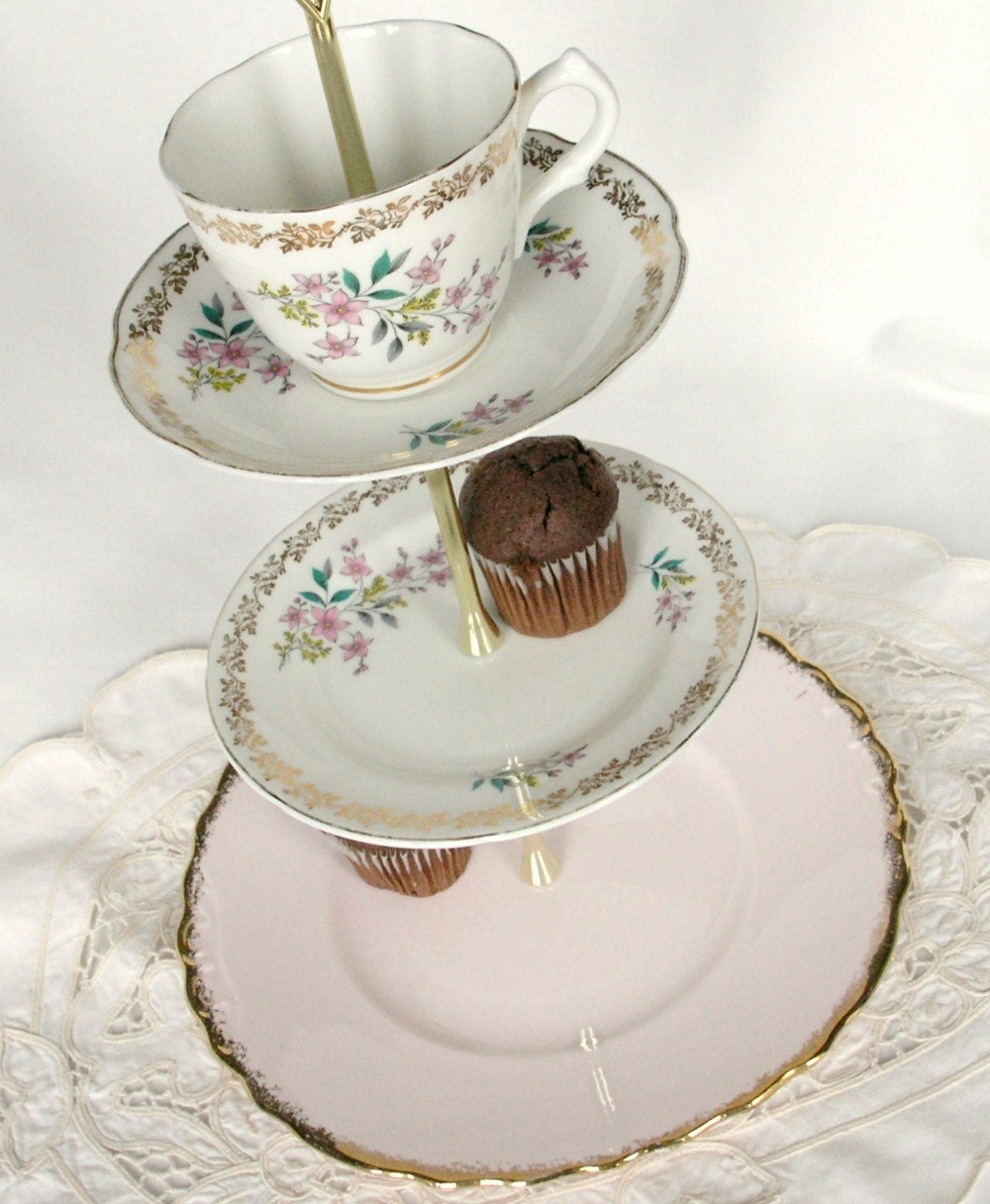 Pretty 3 tier cake stand / cupcake display: tea party centerpiece made from upcycled Royal Vale and Royal Grafton china