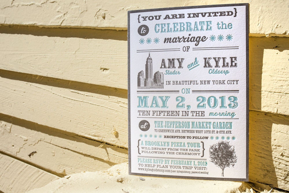 Letterpress Rustic Wedding Invitation, New York Inspired, gray and teal