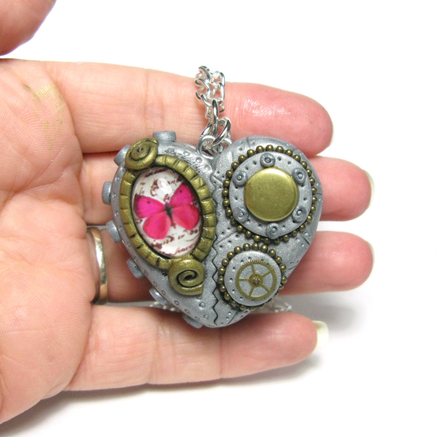 Industrial steampunk heart locket cogs gears jewellery necklace pendant