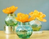 Trio of Round Jar Bud Vases or Candle Holders, Lightly Tinted Glass with Delicate Lace Detailing