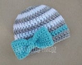 Newborn Photo Prop Hat with Bow, Crochet Baby Girl Hat with Bow, Aqua Blue, Gray, White