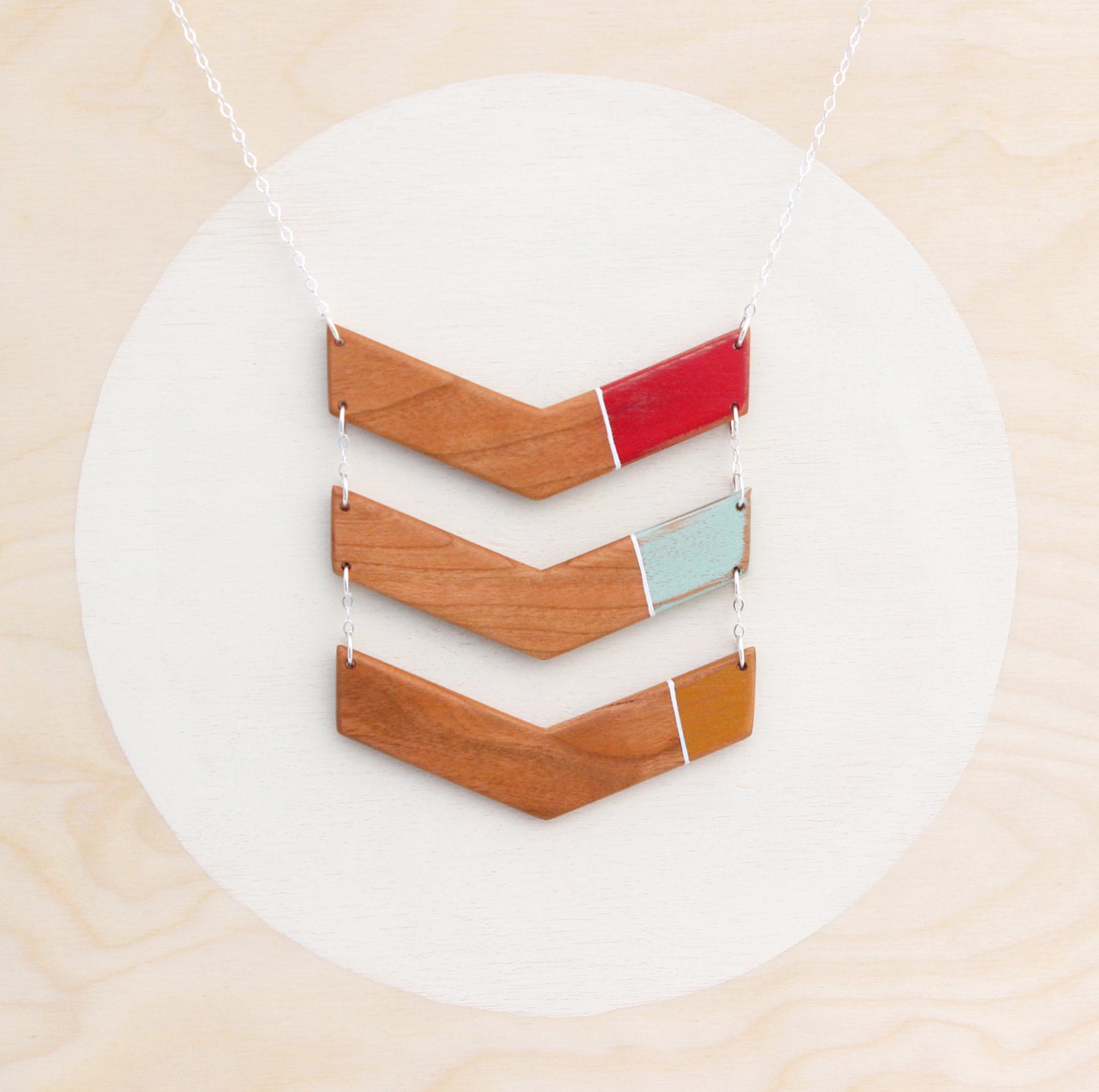 Large Geometric Colorblock Wooden Chevron Necklace - Red, Mint, and Gold