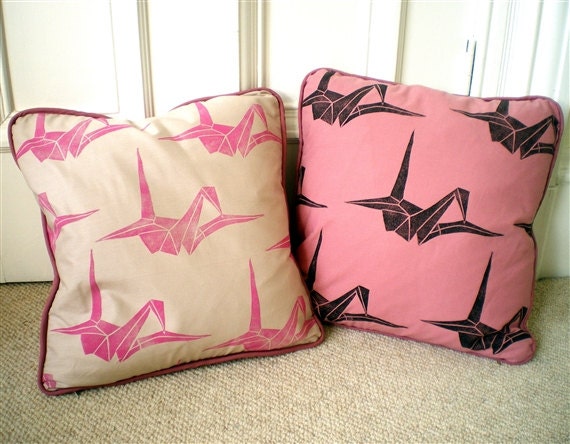 CUSHIONS - Origami Paper Cranes Pink, Black & White