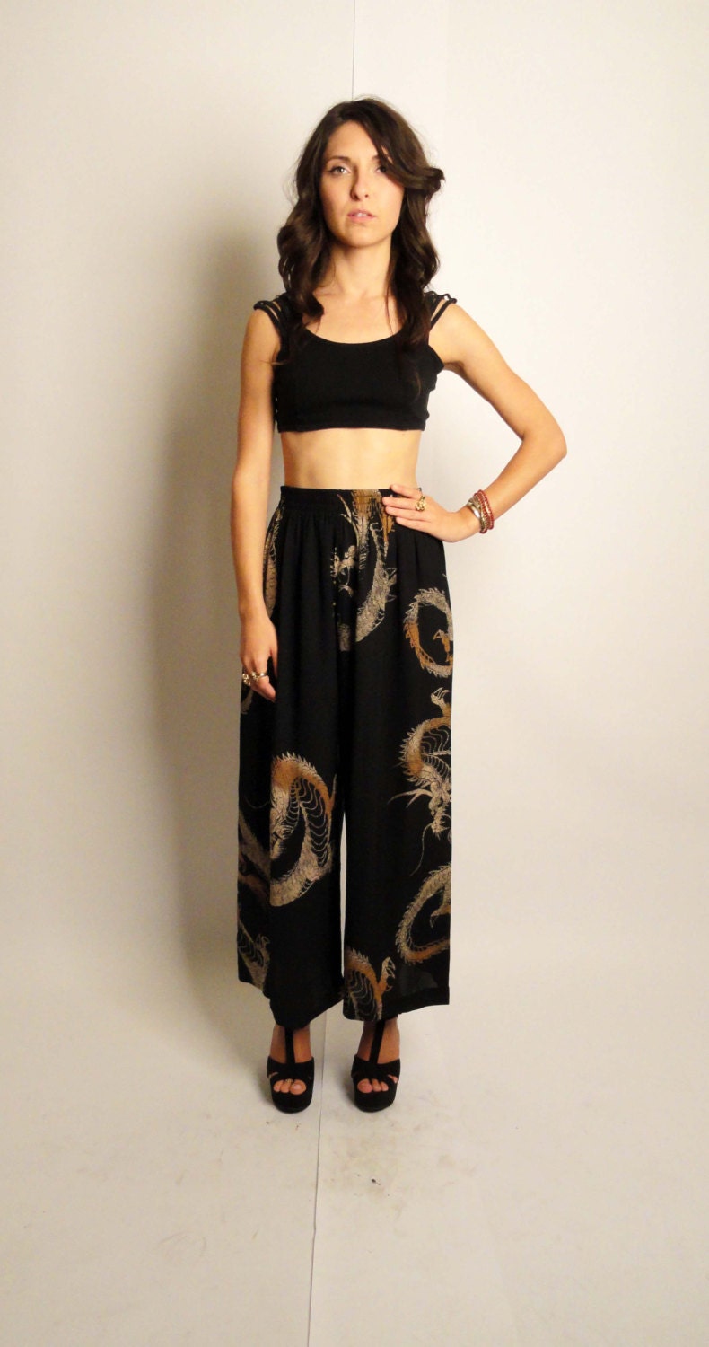 vintage 90s  silk dragon print pants - wide leg - 100% silk - vintage harari - xsmall XS small S