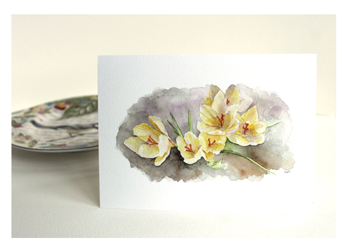 Crocuses Note Card - Watercolor Painting, Yellow Flower, Floral, Botanical Notecard, Art Card, Spring, Green, Brown, Cream