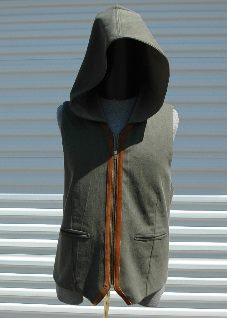 Mens XL Olive Green and Leather Hooded Vest