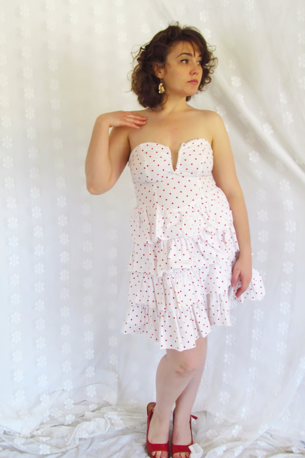1980s Vintage White strapless tiered ruffle party dress with red polka dots.