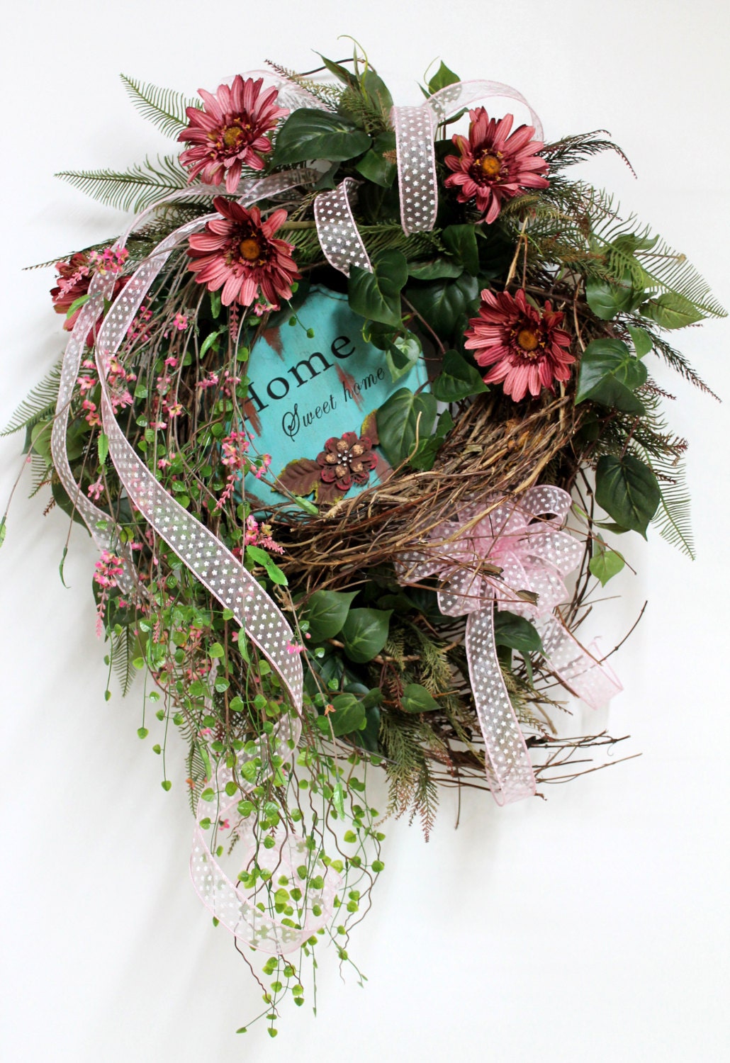 Country Home Wreath, Front Door Wreath, Daisies, Home Sign, Wildflowers, Honeysuckle, Handmade Wreath, Summer Wreath-- FREE SHIPPING