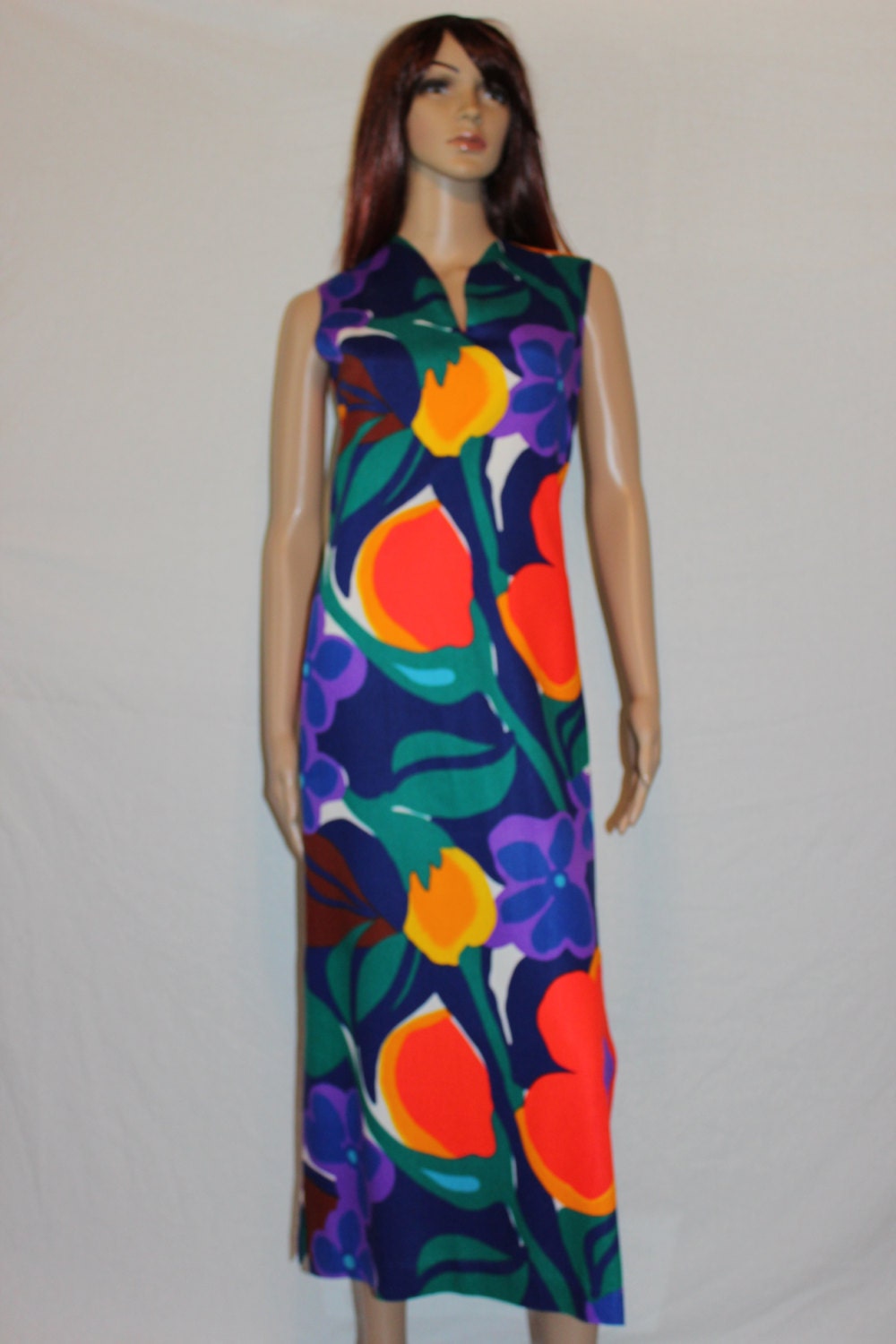 Vintage 70s Bright Flower Sheath Dress - Large Flower Print - Sleeveless -