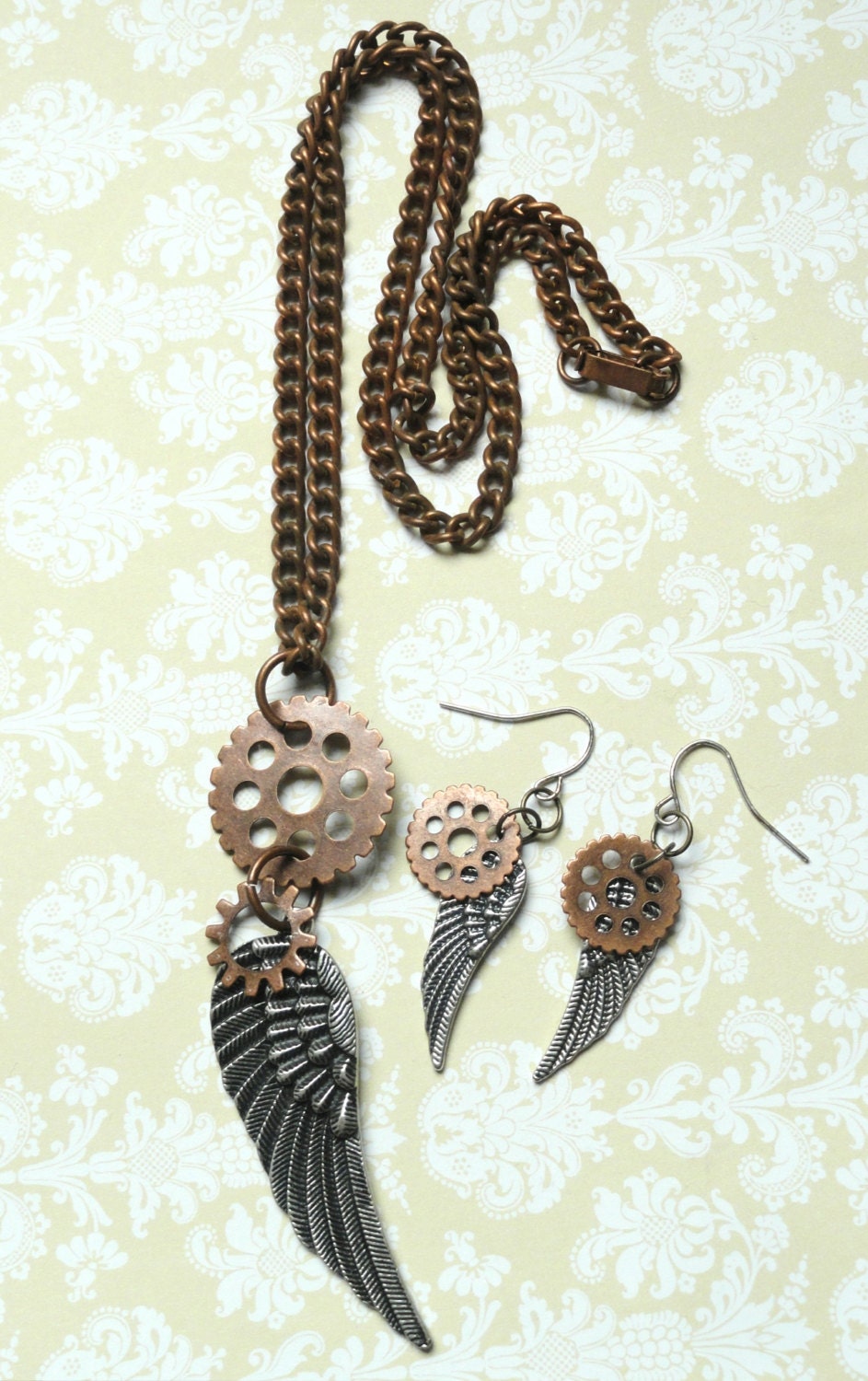 Wing Necklace and Earring Set - Steampunk Necklace - Steampunk Jewelry - Gear Jewelry - Steampunk Jewelry Set