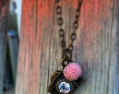 CAPTURE the moment CAMERA NECKLACE antique bronze chain photography photographer gift teal coral red black cream rose dahlia mum flower