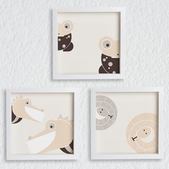 Kids Art Prints Set / 3 prints - Twin Crocodiles, Frogs, Snakes / beige : high quality prints from original izzybizzy illustrations