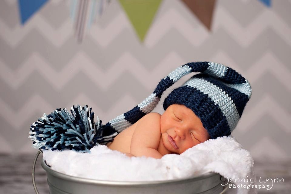 Newborn boy hat, elf hat in blue, photo prop, pixie hat, long tail stocking.