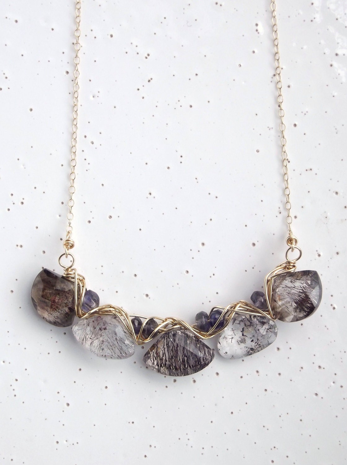 Woven Necklace, Purple Necklace, Graduated Necklace, Iolite, Moss Amethyst & 14k Gold-filled Woven Necklace