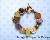 Bracelet Multiform Assemblage Upcycled Watch Parts Clay Tiles Green Purple Candid Shot