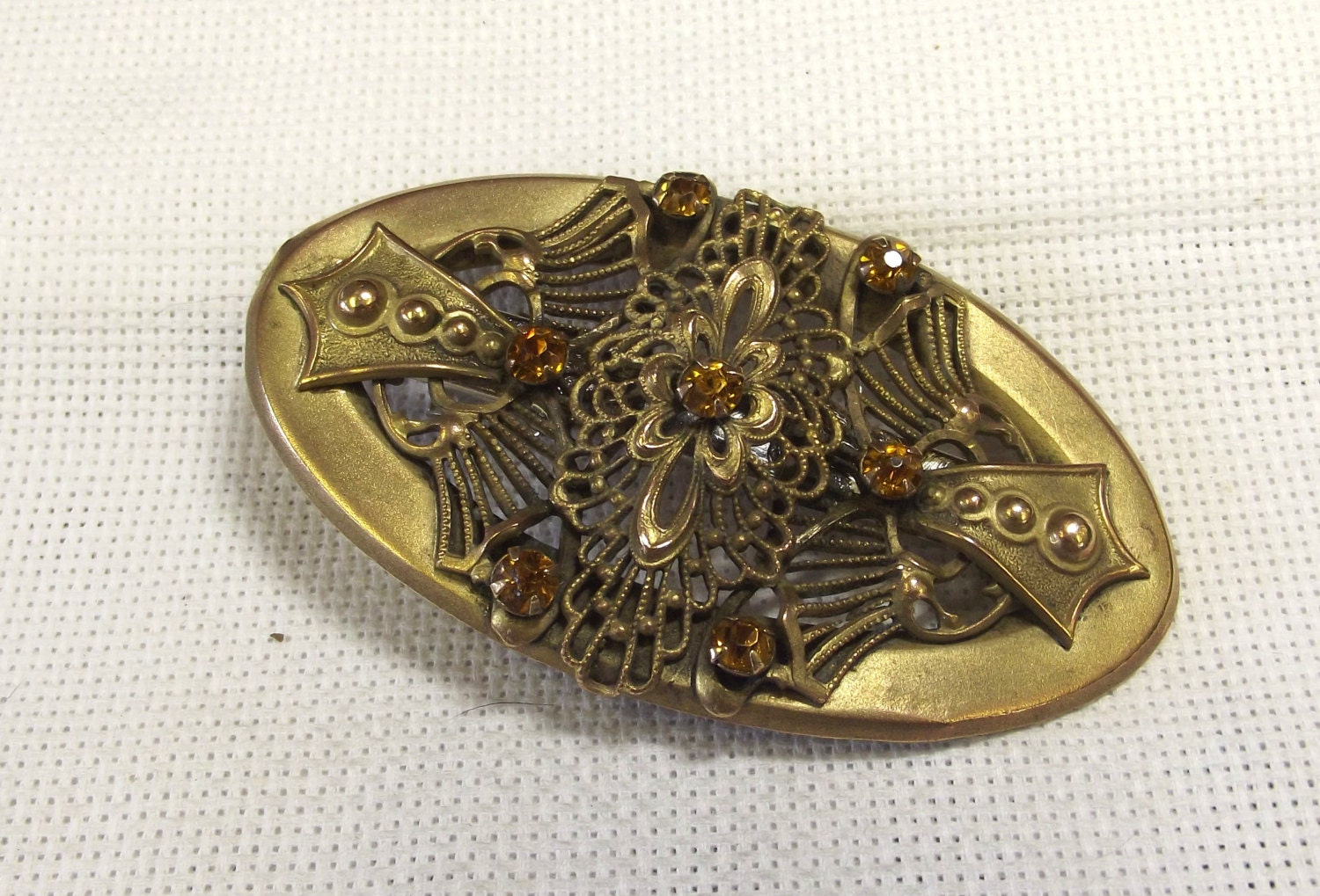 Repurposed Hair Clip, Recycled Sash Brooch, Arts & Craft Period, Amber Rhinestones, Filigree Design