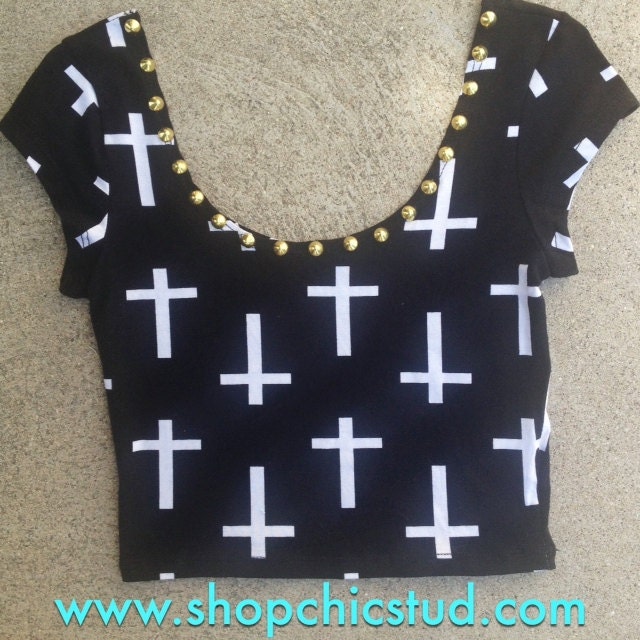 Studded Crop Top Shirt - Black & hit Cross Print - Gold or Silver Circular Studs -
