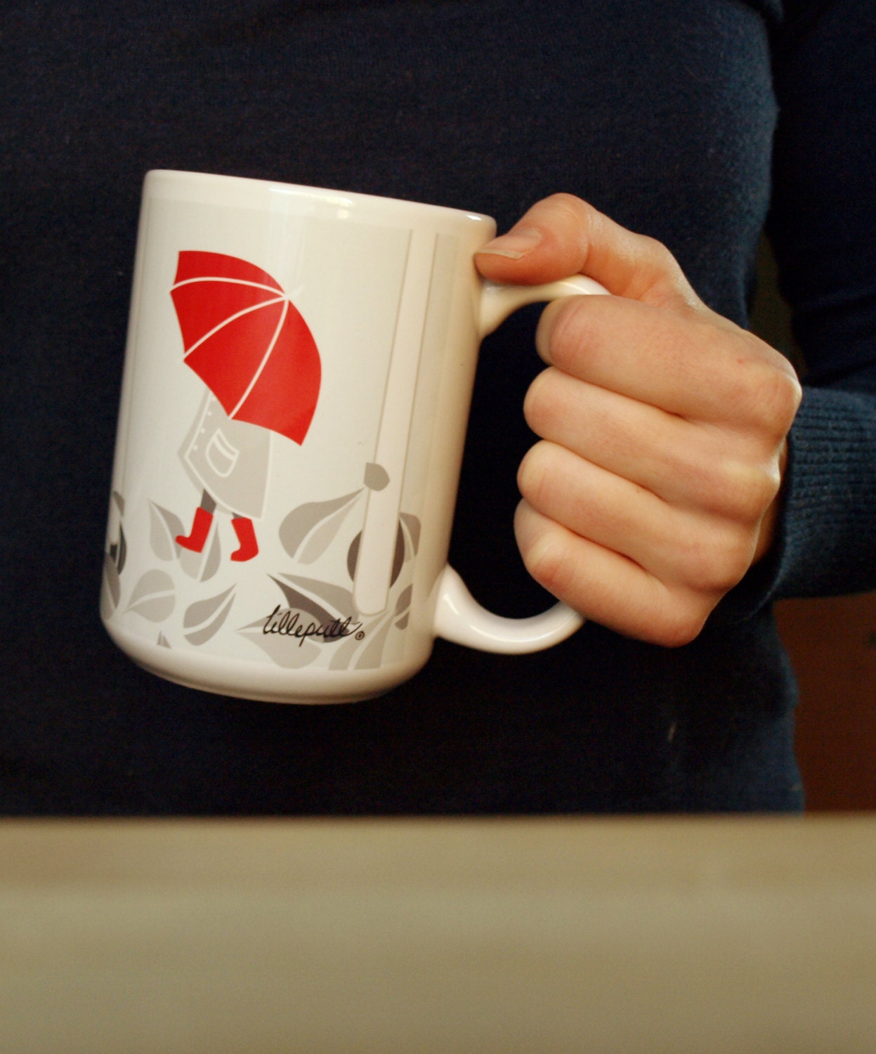 Red Umbrella, Birch Trees and Grey Leaves Printed Coffee Mug