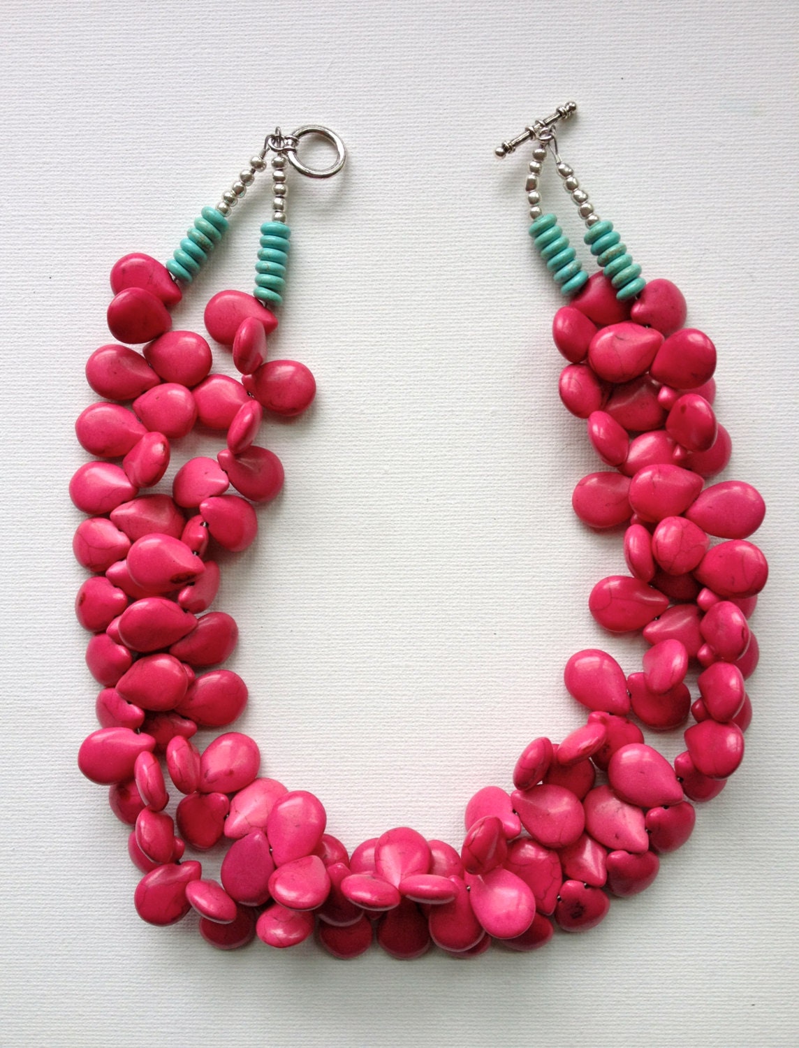 Audrey necklace - Bright pink stone tear drop beads with turquoise discs.