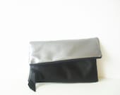 Clutch Purse, Foldover, Vegan Leather clutch, Silver, Metallic